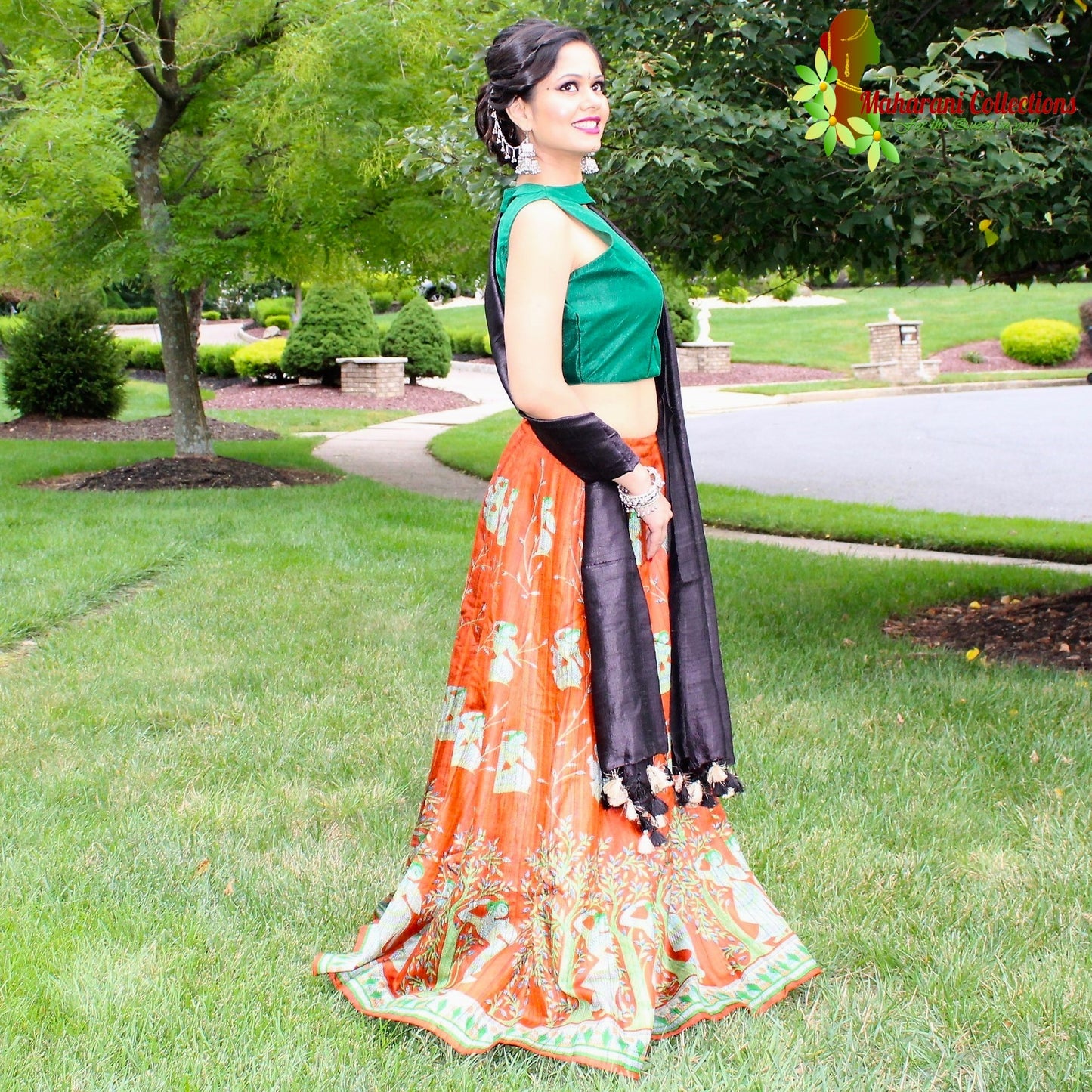 Maharani's Pure Tussar Silk Lehenga - Orange & Green (M)