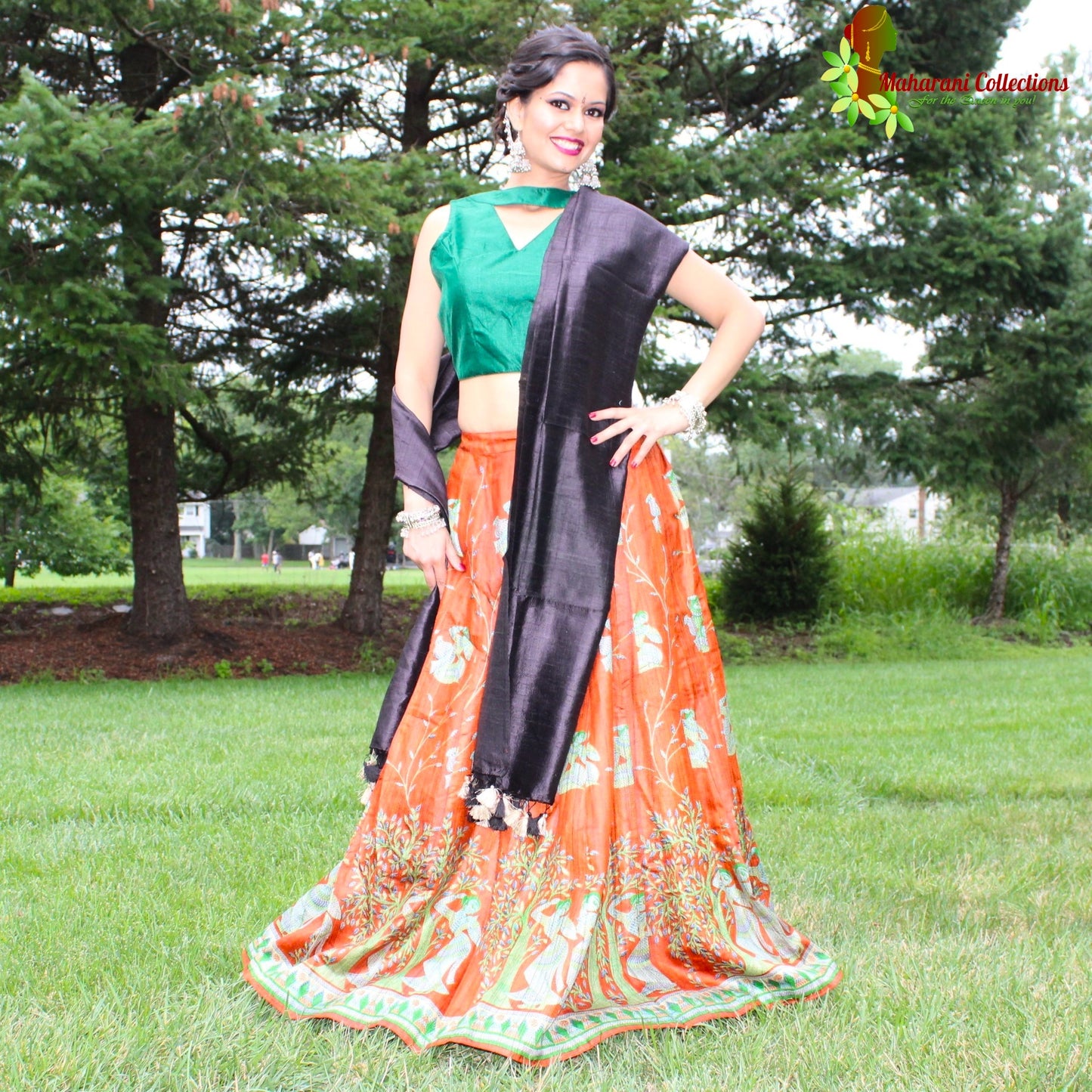 Maharani's Pure Tussar Silk Lehenga - Orange & Green (M)