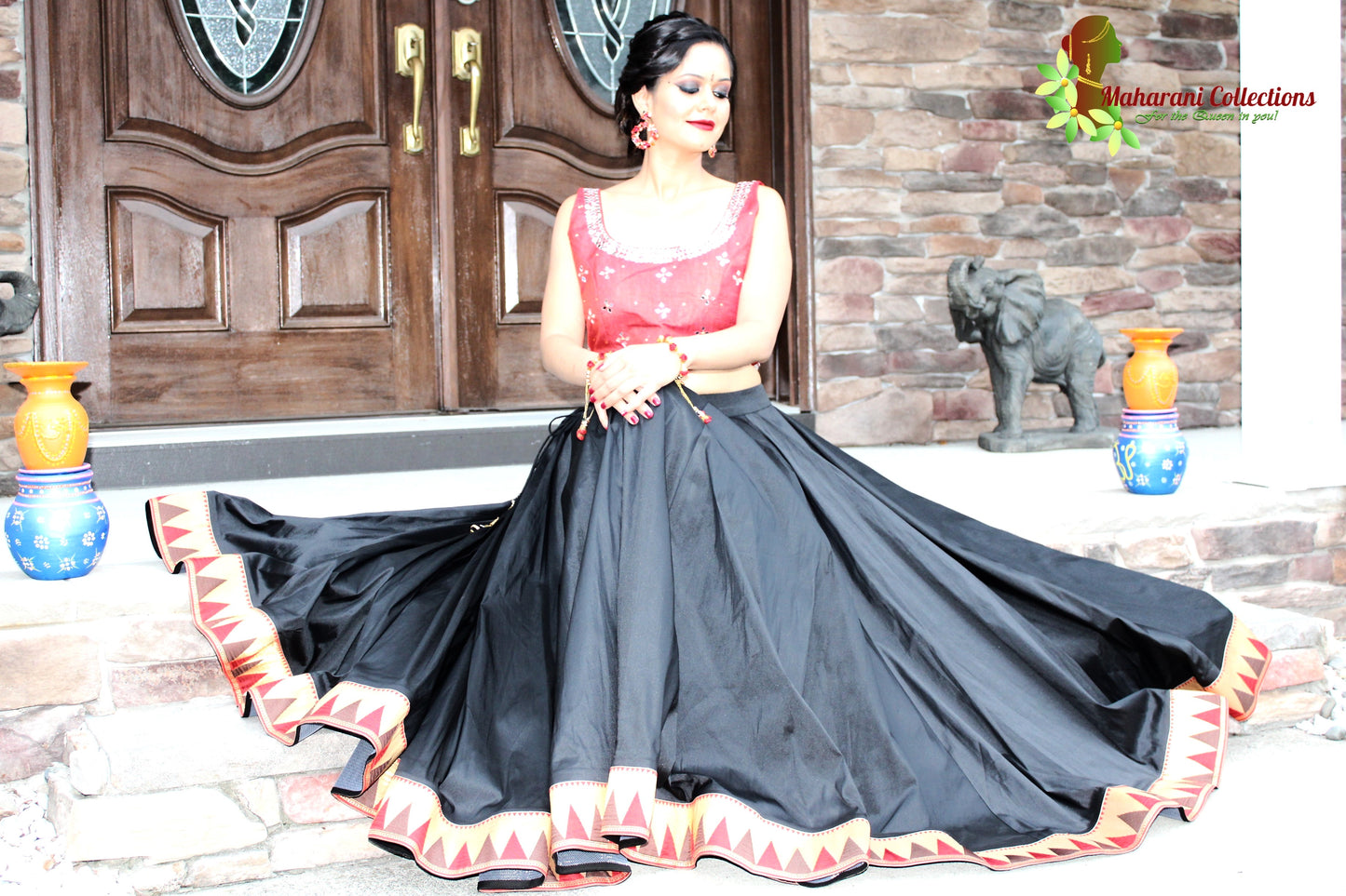 Maharani's Pure Banarasi Silk Lehenga - Red & Black