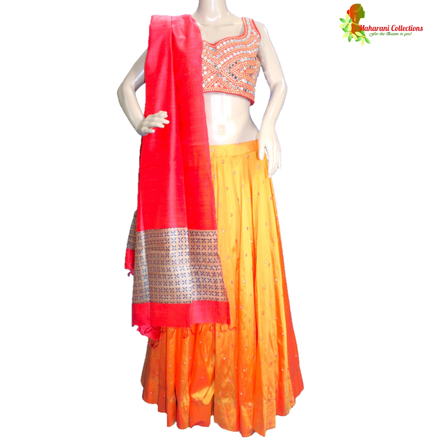 Maharani's Pure Silk Chania Choli - Red/Orange (M)