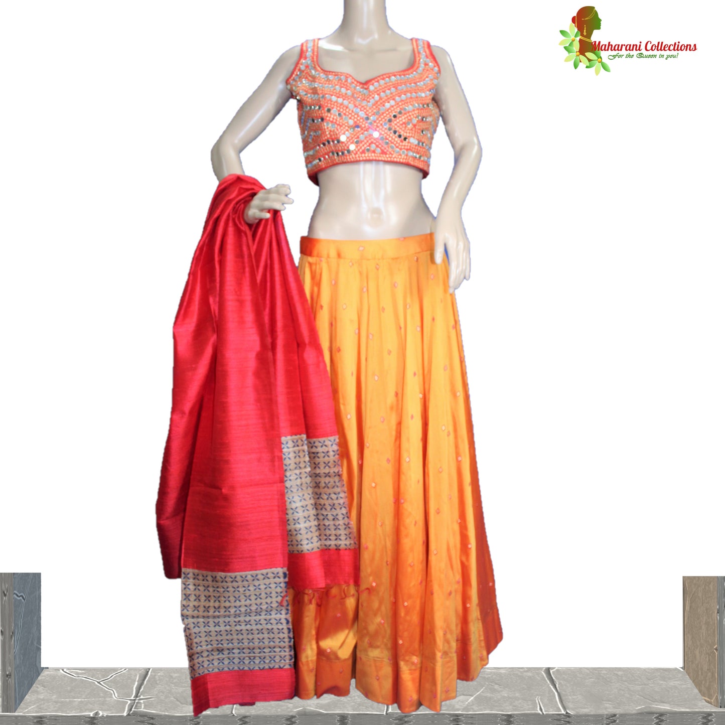 Maharani's Pure Silk Chania Choli - Red/Orange (M)