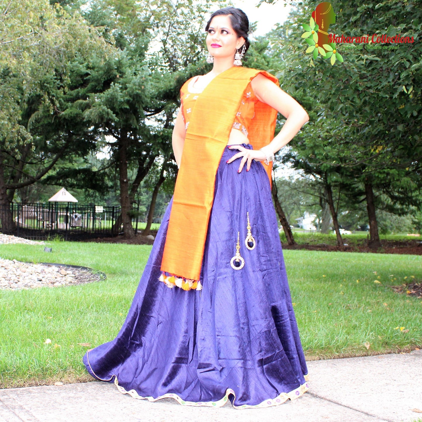Maharani's Pure Tussar Silk Lehenga - Blue and Yellow (L)
