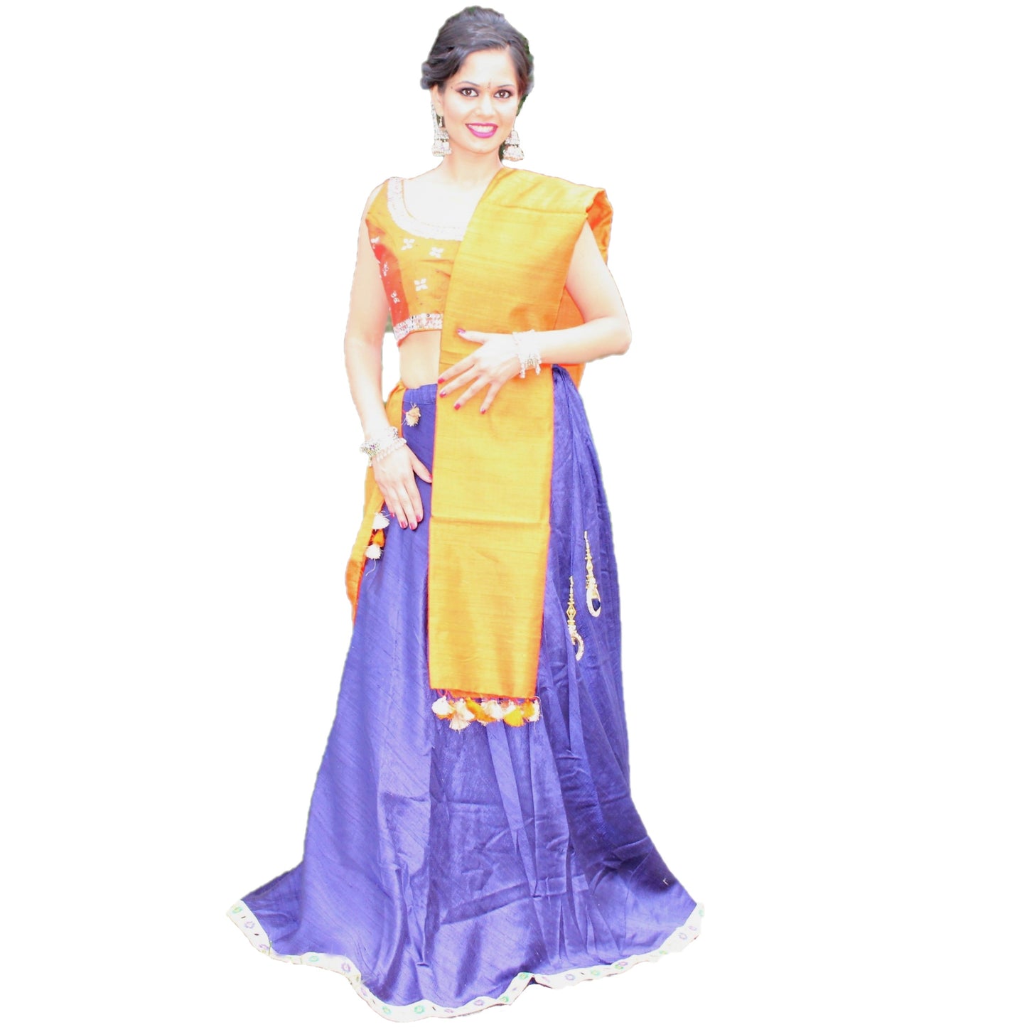 Maharani's Pure Tussar Silk Lehenga - Blue and Yellow (L)