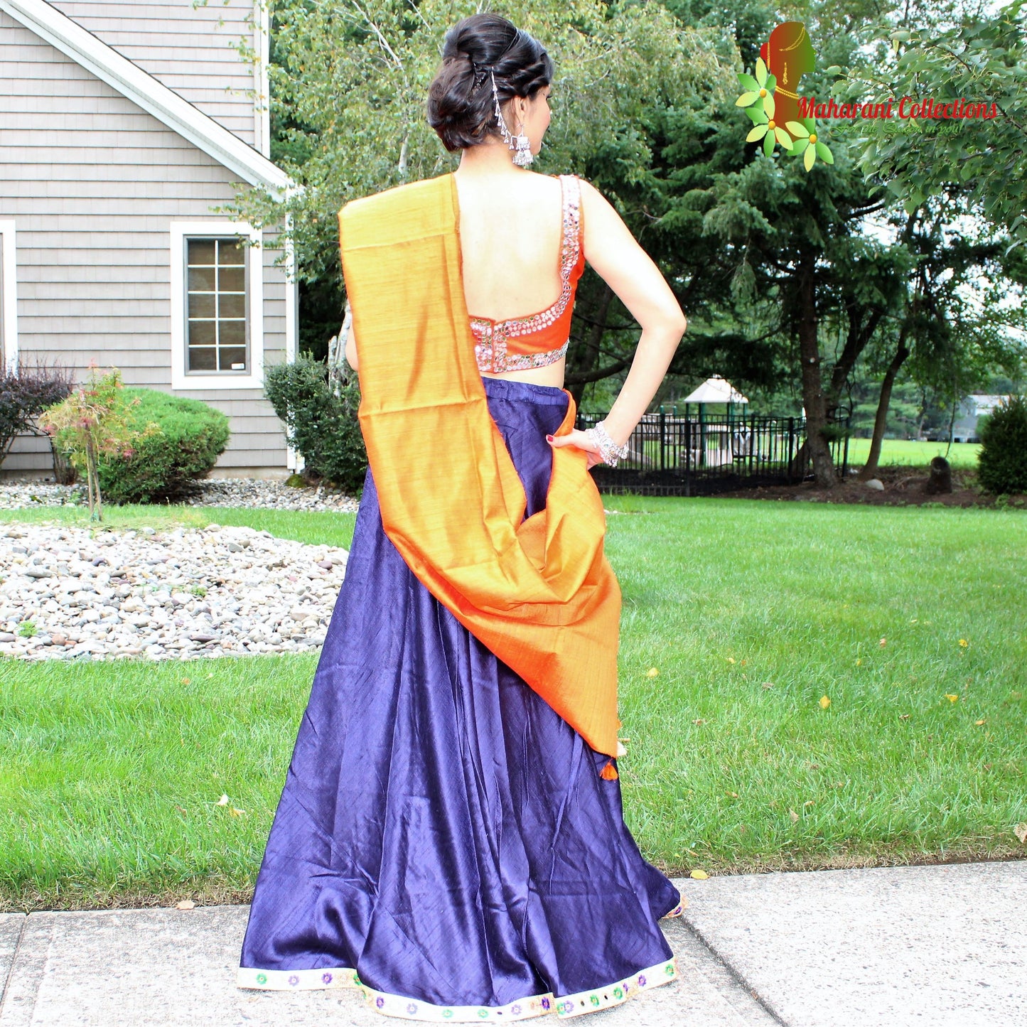Maharani's Pure Tussar Silk Lehenga - Blue and Yellow (L)