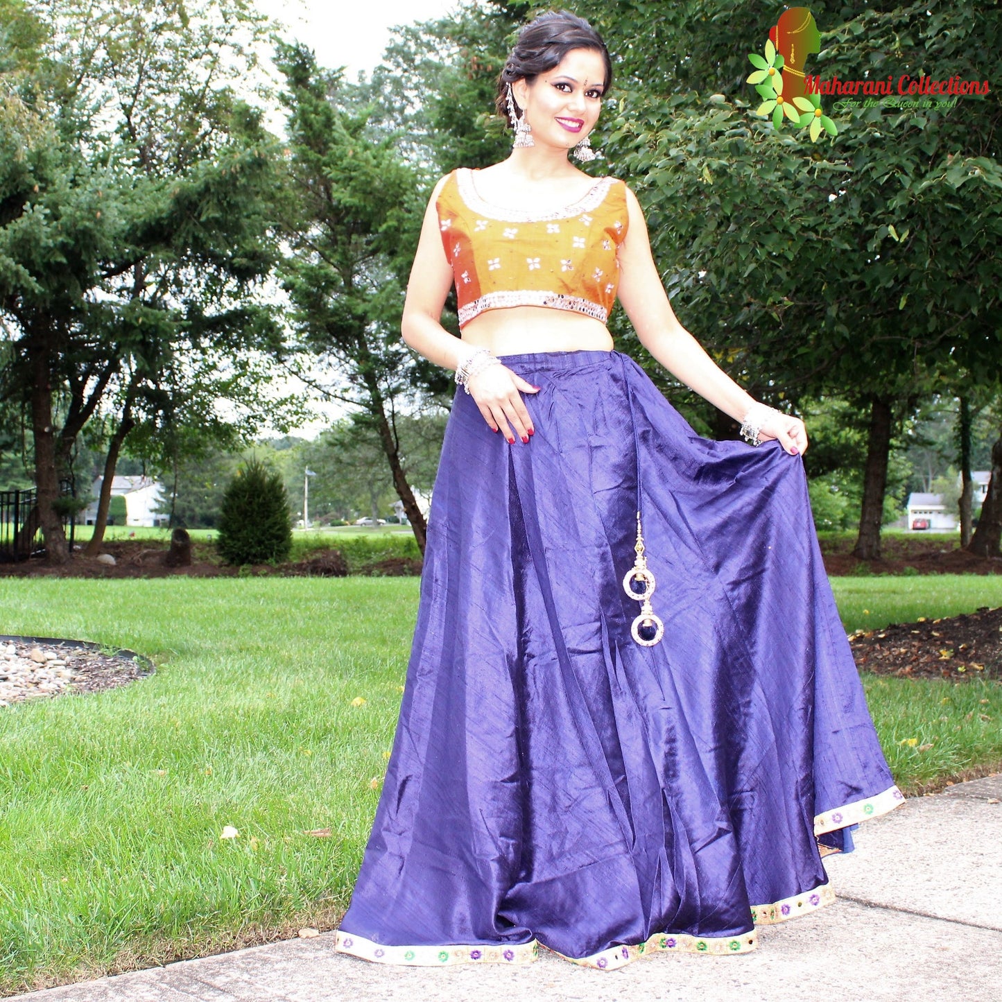 Maharani's Pure Tussar Silk Lehenga - Blue and Yellow (L)