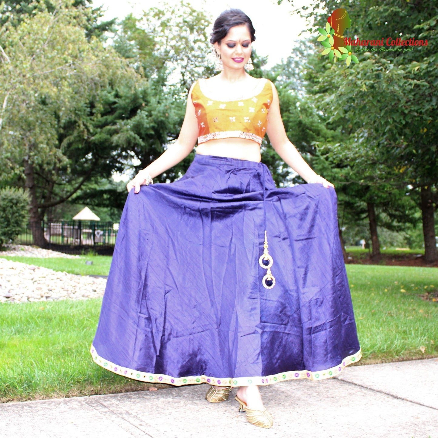 Maharani's Pure Tussar Silk Lehenga - Blue and Yellow (L)