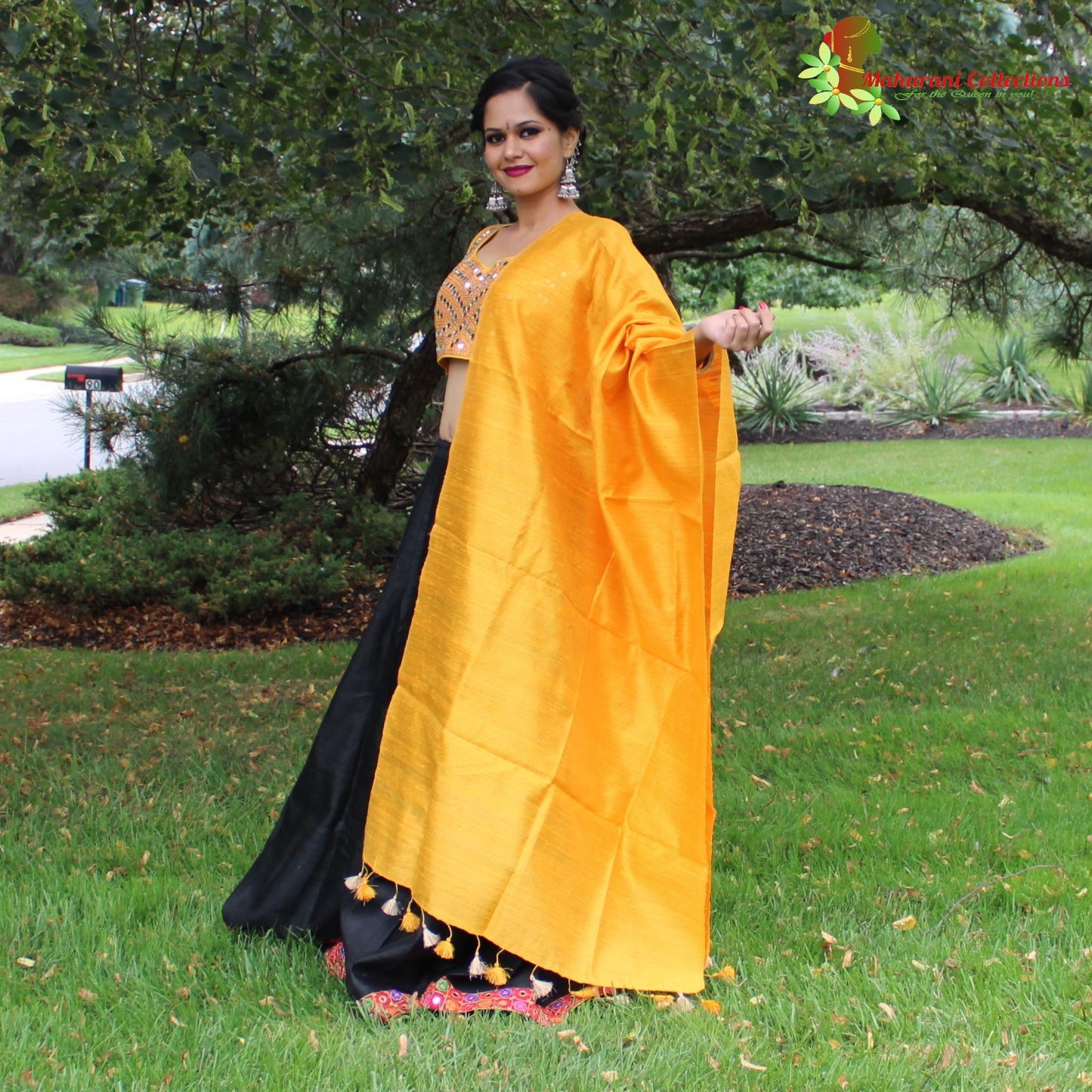 Pure Silk Lehenga Choli - Black Lehenga with mirror-work Choli and Silk Dupatta