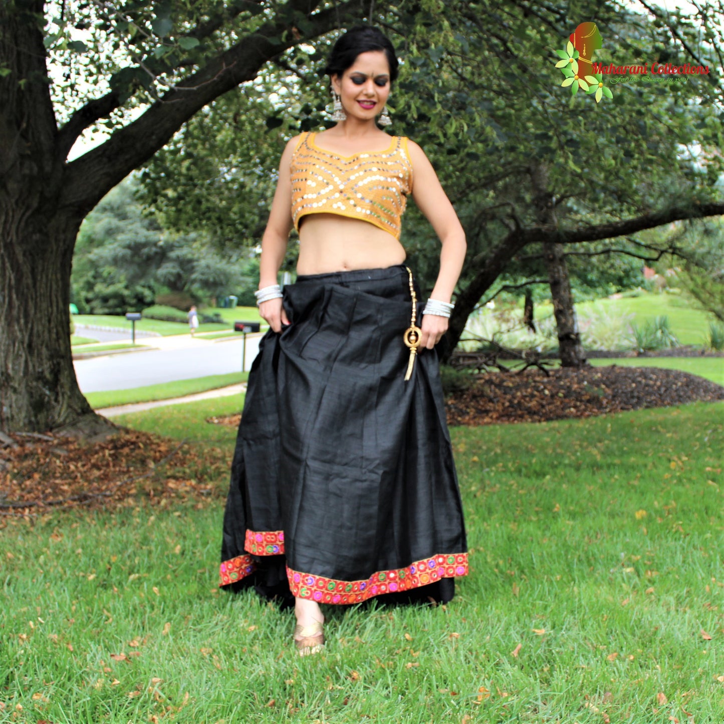 Pure Silk Lehenga Choli - Black Lehenga with mirror-work Choli and Silk Dupatta