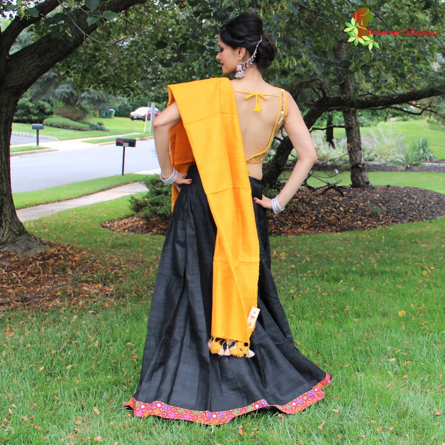 Pure Silk Lehenga Choli - Black Lehenga with mirror-work Choli and Silk Dupatta