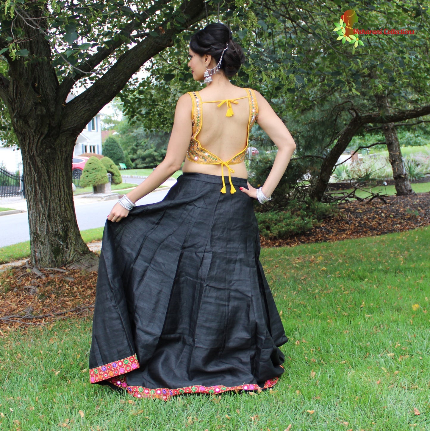Pure Silk Lehenga Choli - Black Lehenga with mirror-work Choli and Silk Dupatta