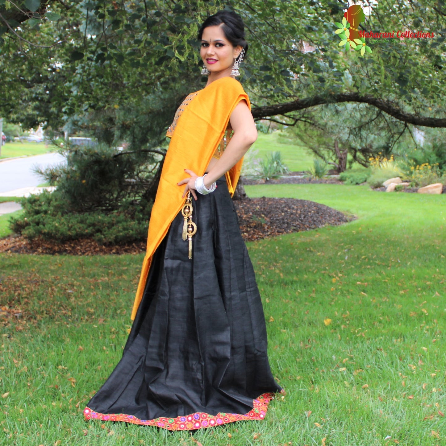 Pure Silk Lehenga Choli - Black Lehenga with mirror-work Choli and Silk Dupatta
