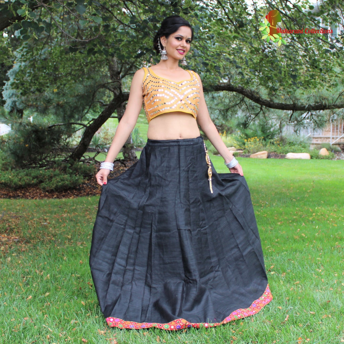 Pure Silk Lehenga Choli - Black Lehenga with mirror-work Choli and Silk Dupatta