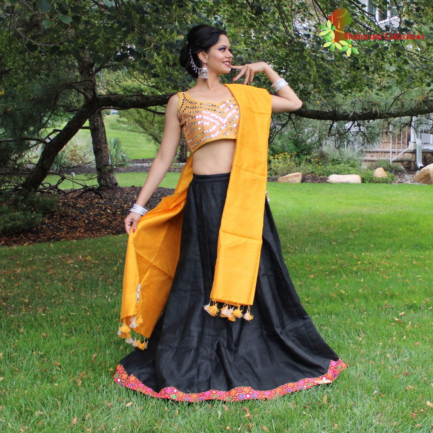 Pure Silk Lehenga Choli - Black Lehenga with mirror-work Choli and Silk Dupatta