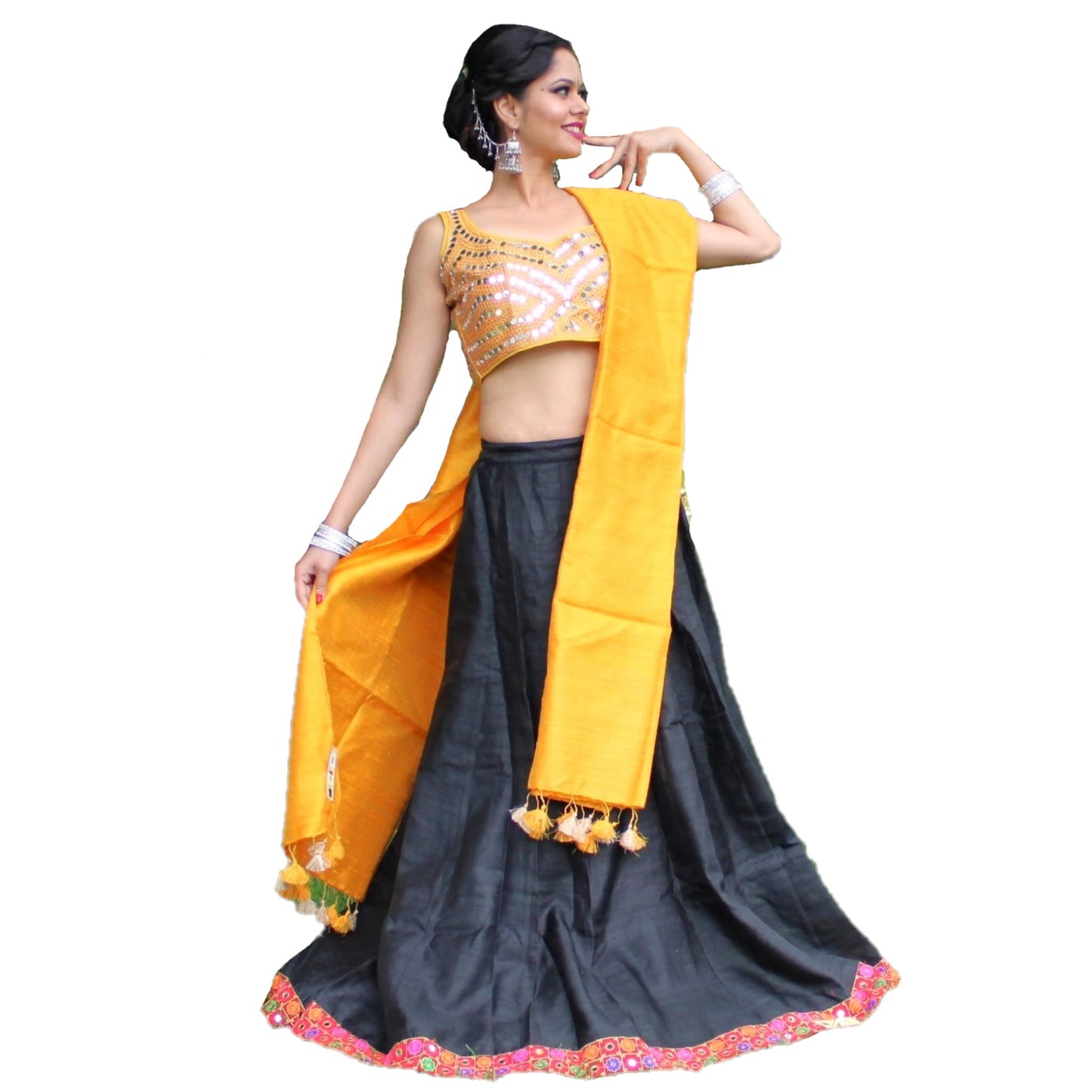 Pure Silk Lehenga Choli - Black Lehenga with mirror-work Choli and Silk Dupatta