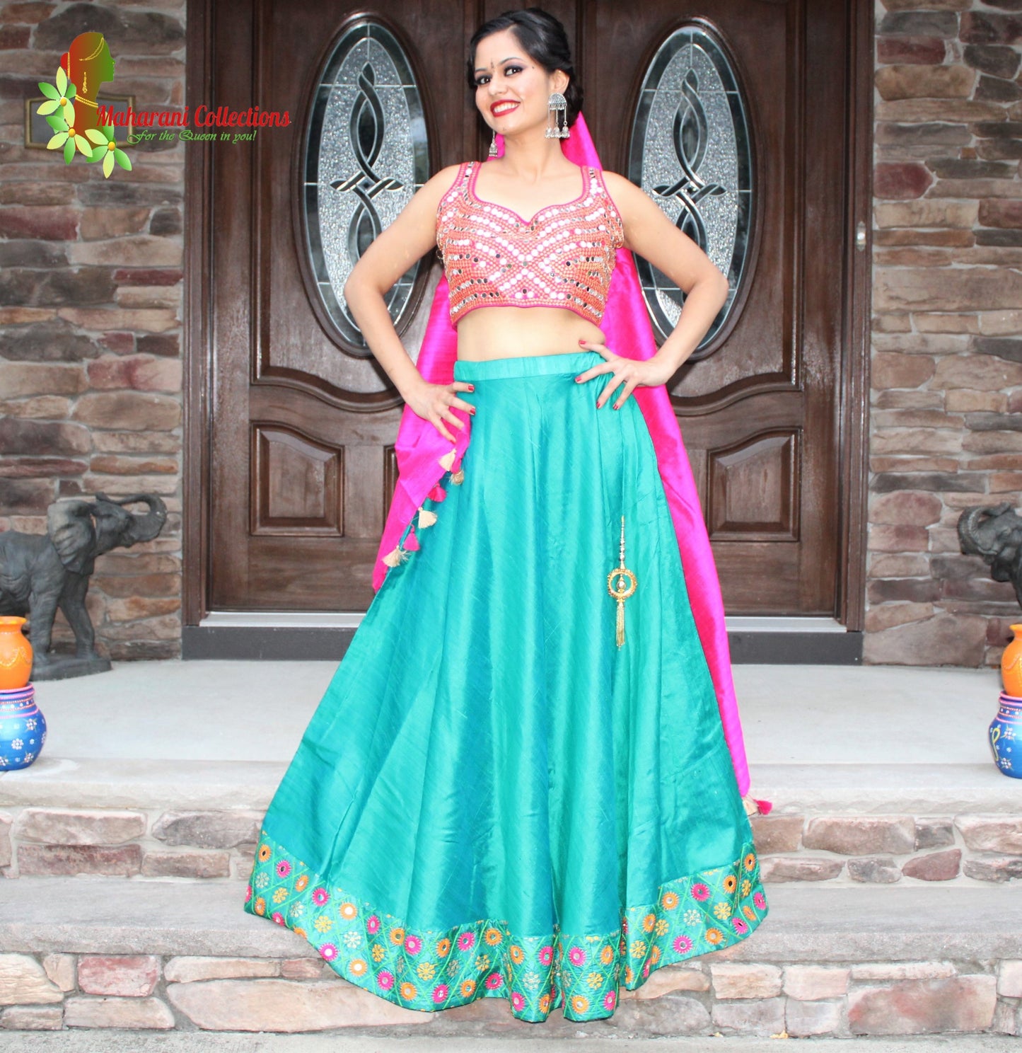 Maharani's Pure Tussar Silk Lehenga - Sea Green and Pink