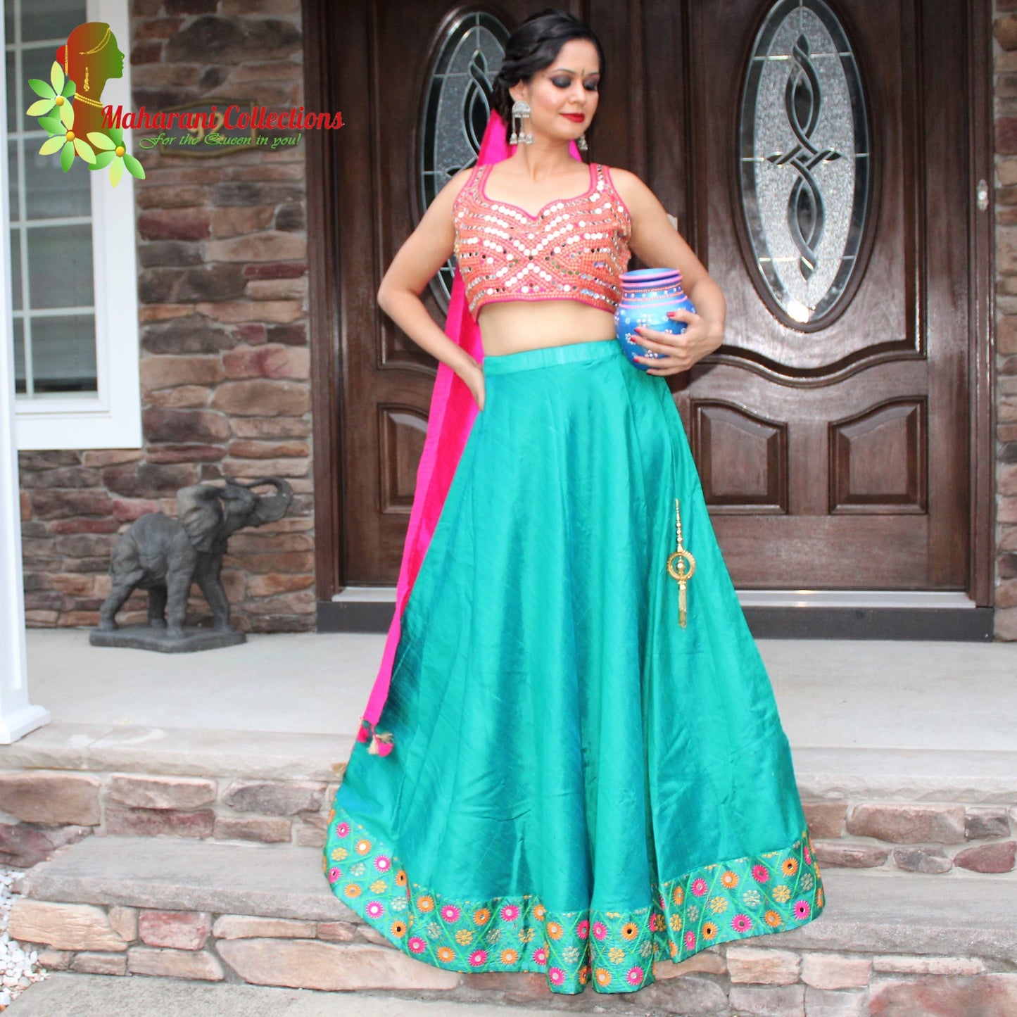 Maharani's Pure Tussar Silk Lehenga - Sea Green and Pink