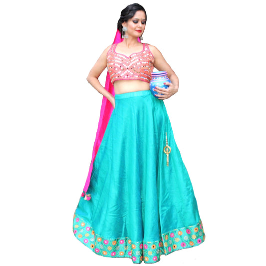 Maharani's Pure Tussar Silk Lehenga - Sea Green and Pink