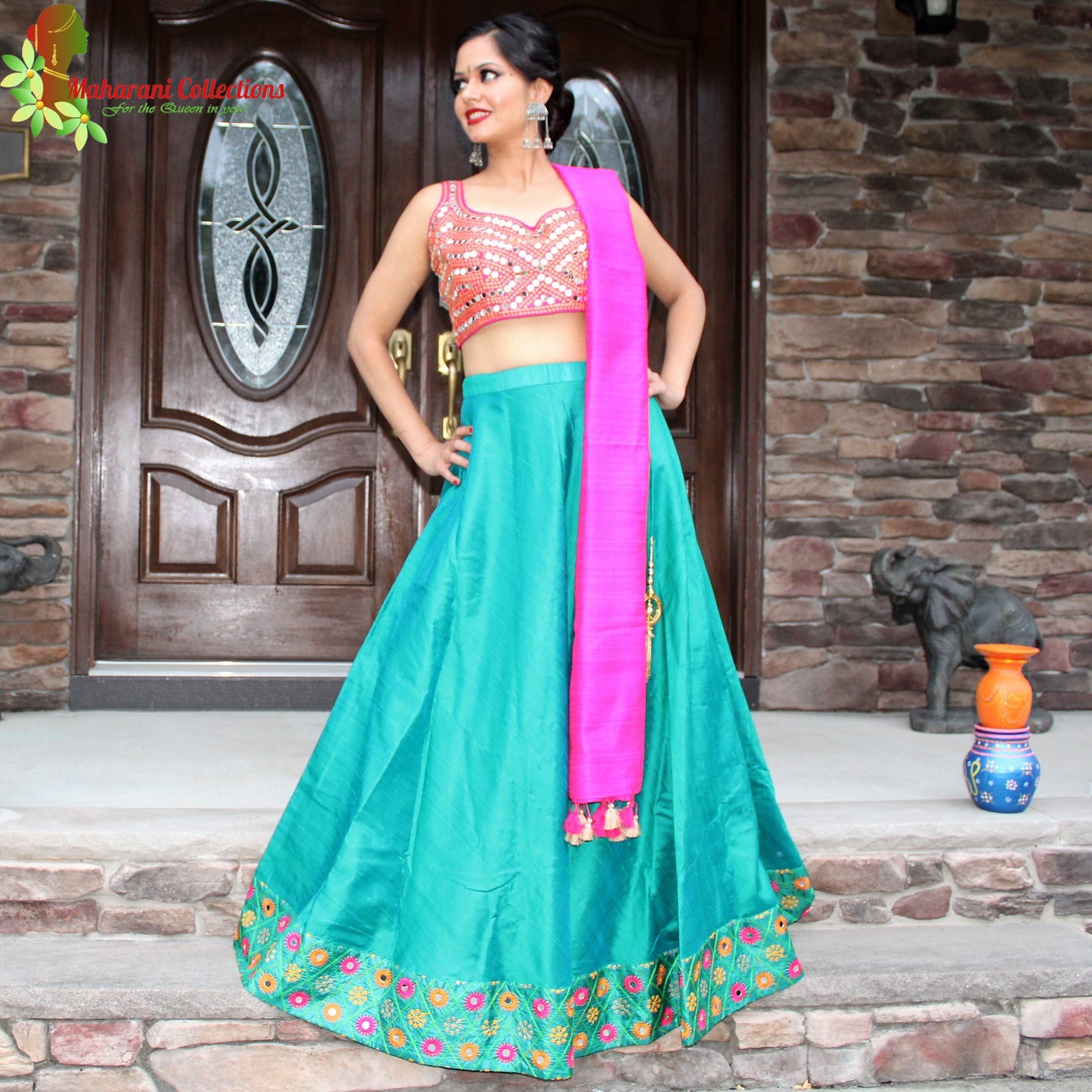 Maharani's Pure Tussar Silk Lehenga - Sea Green and Pink