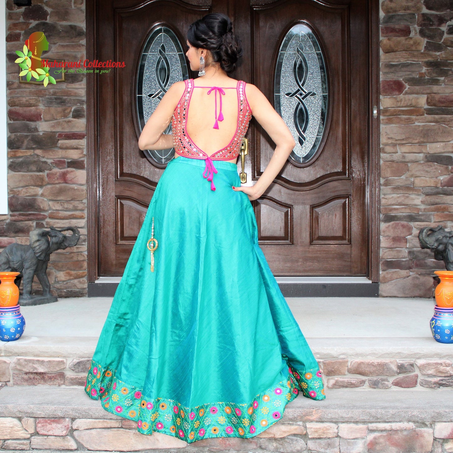Maharani's Pure Tussar Silk Lehenga - Sea Green and Pink