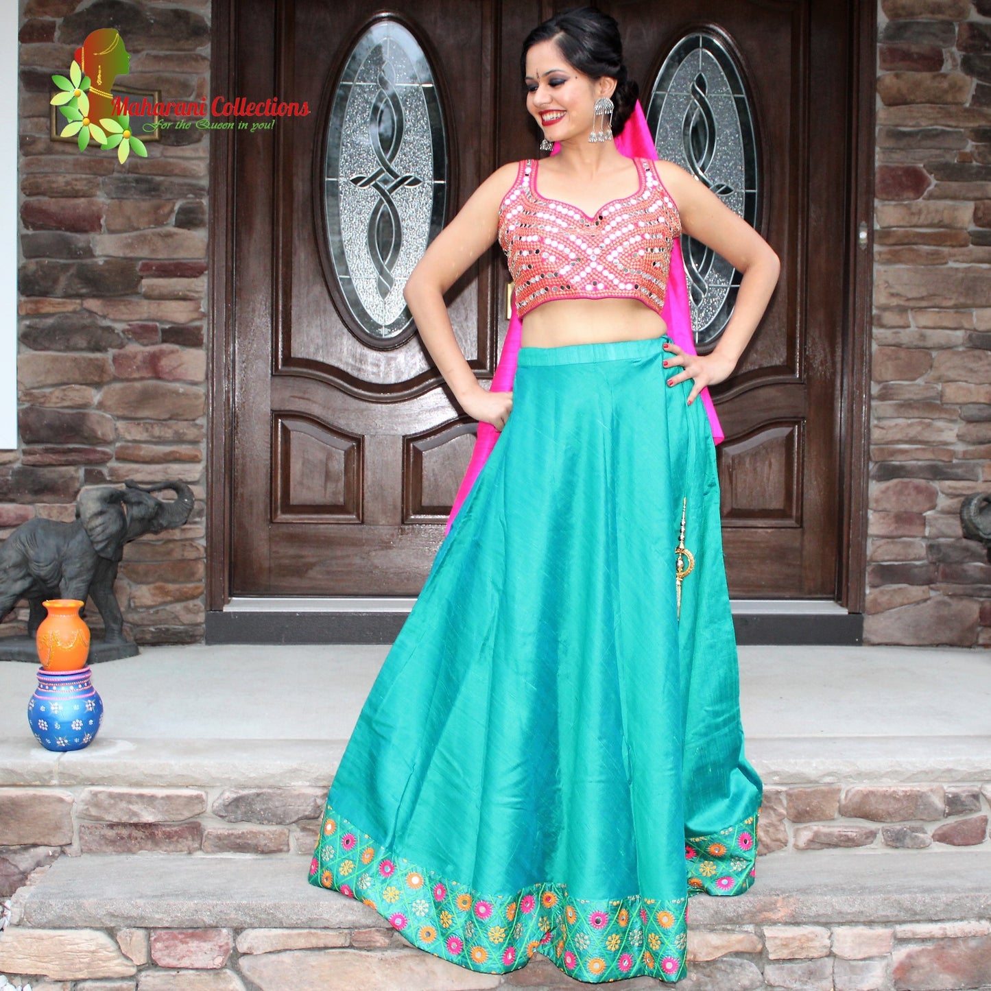 Maharani's Pure Tussar Silk Lehenga - Sea Green and Pink