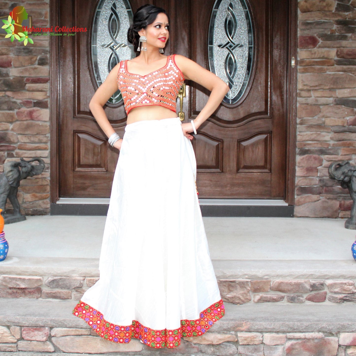 Maharani's Pure Silk Chania Choli - Red/White (L)