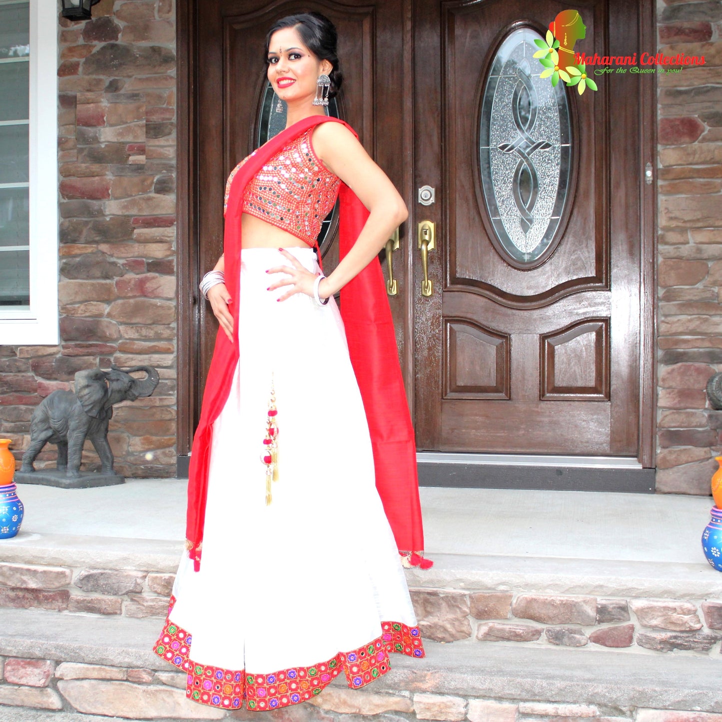 Maharani's Pure Silk Chania Choli - Red/White (L)