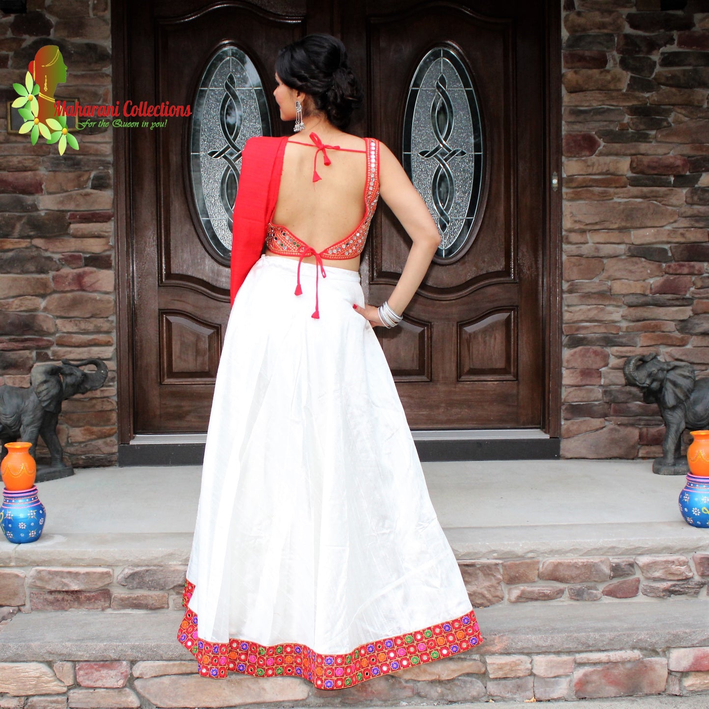 Maharani's Pure Silk Chania Choli - Red/White (L)