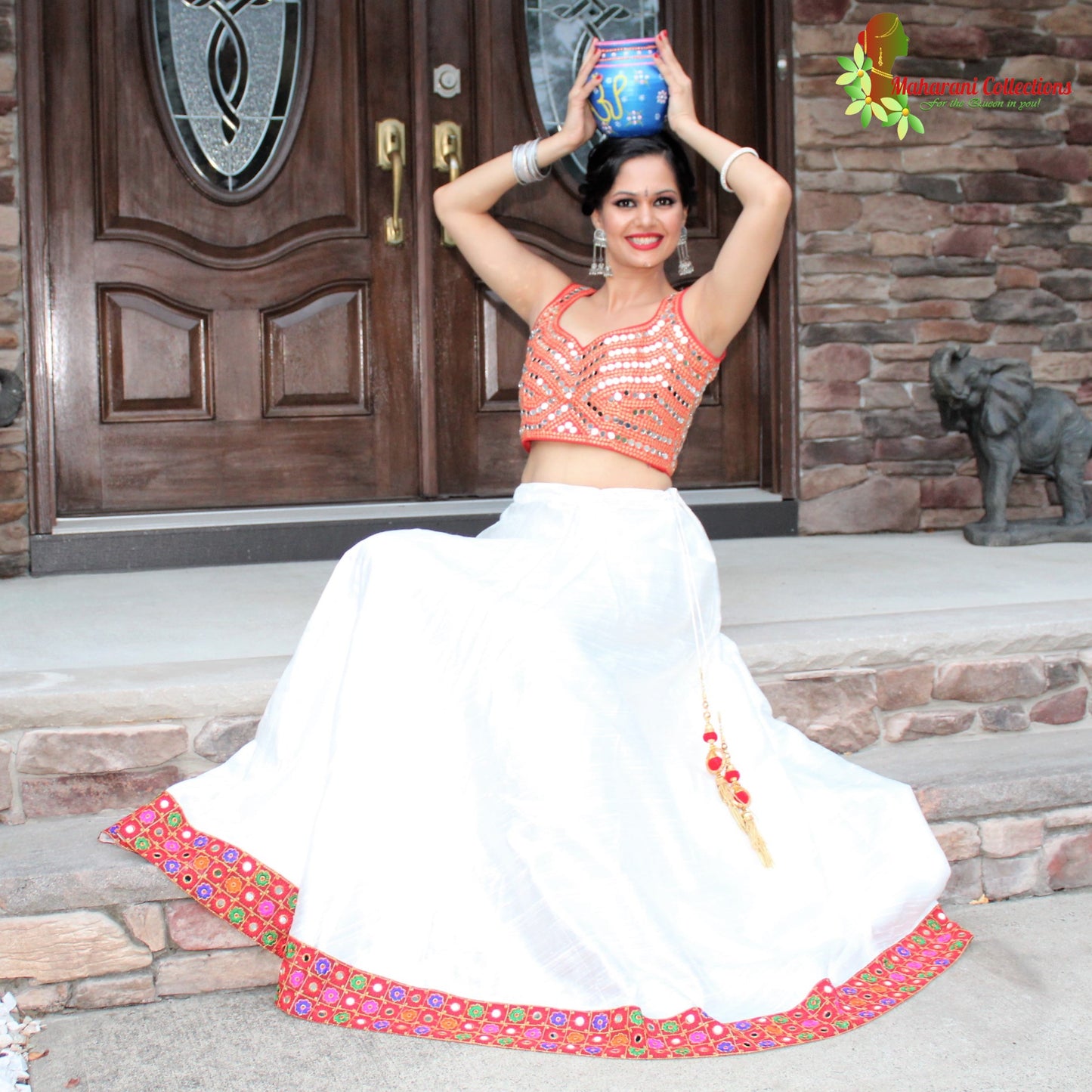 Maharani's Pure Silk Chania Choli - Red/White (L)