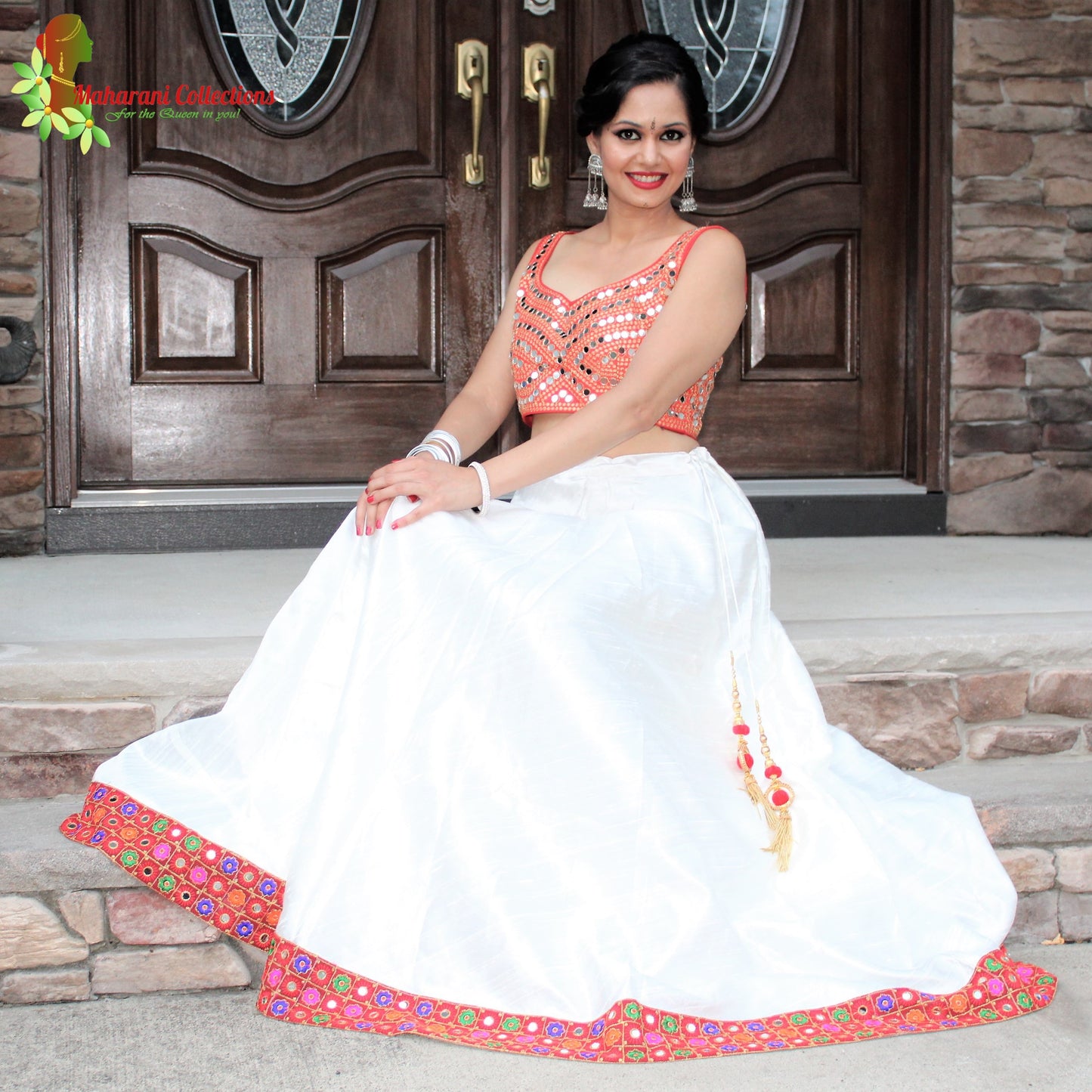 Maharani's Pure Silk Chania Choli - Red/White (L)