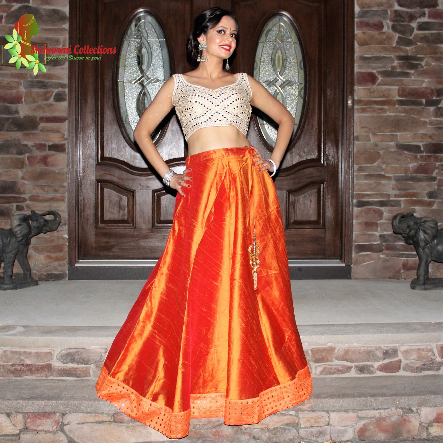 Maharani's Pure Tussar Silk Lehenga - Orange & Cream (L)