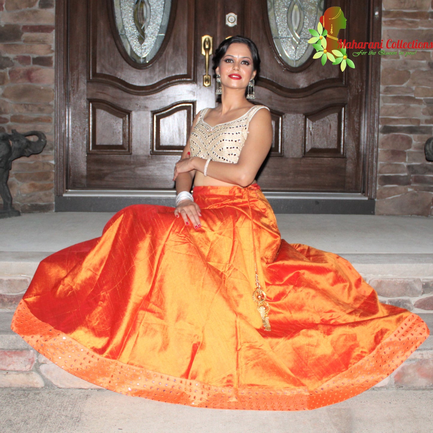 Maharani's Pure Tussar Silk Lehenga - Orange & Cream (L)