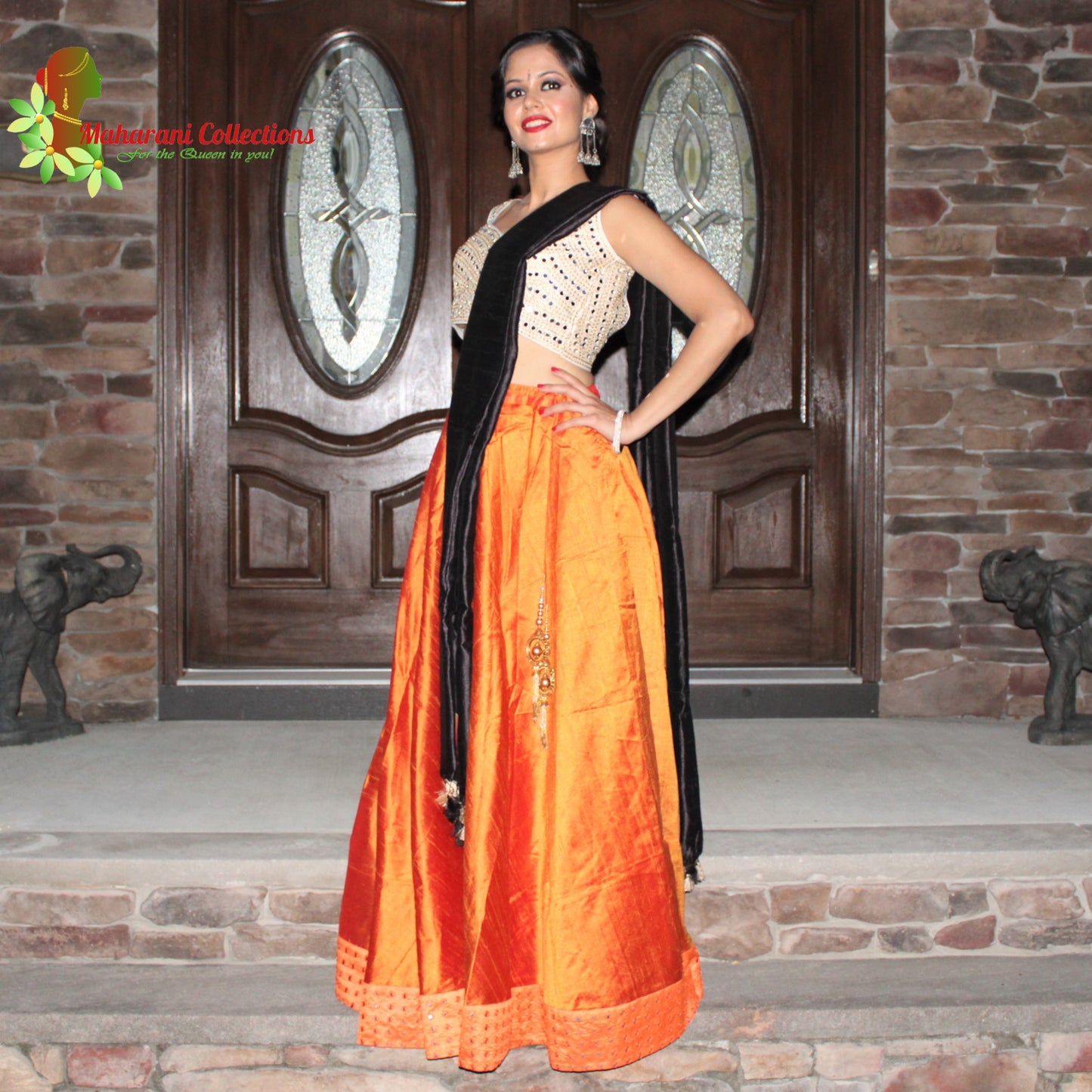 Maharani's Pure Tussar Silk Lehenga - Orange & Cream (L)