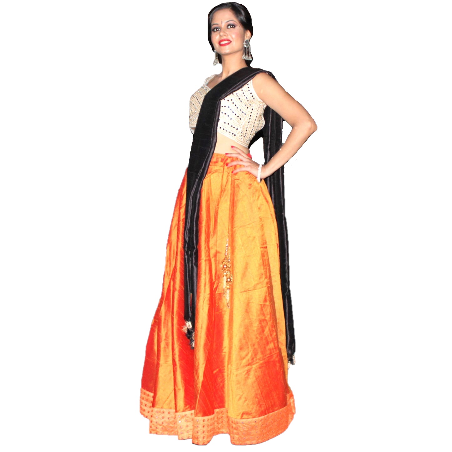 Maharani's Pure Tussar Silk Lehenga - Orange & Cream (L)