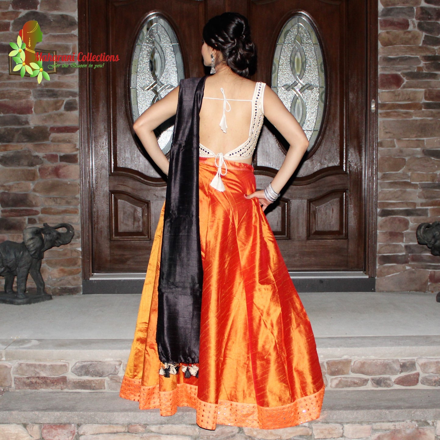 Maharani's Pure Tussar Silk Lehenga - Orange & Cream (L)