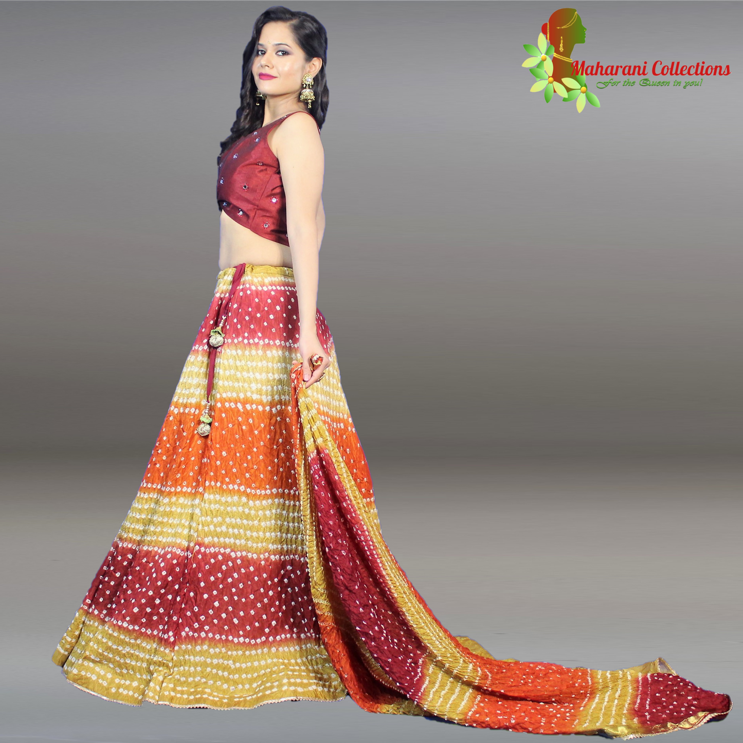 Silk Bandhej Lehenga Choli - Yellow, Pink and Red with Gotta Patti Work