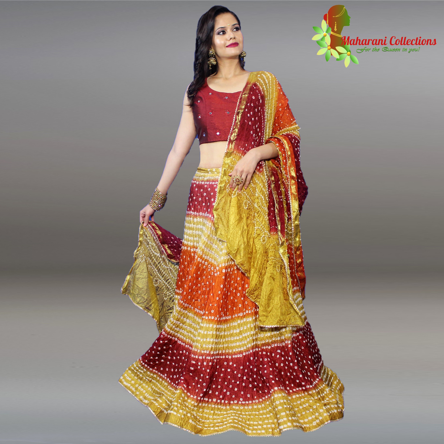 Silk Bandhej Lehenga Choli - Yellow, Pink and Red with Gotta Patti Work