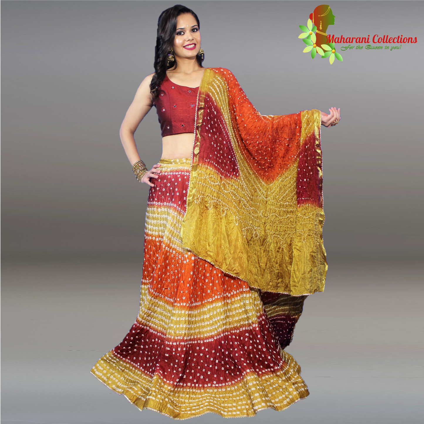 Silk Bandhej Lehenga Choli - Yellow, Pink and Red with Gotta Patti Work