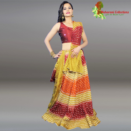 Silk Bandhej Lehenga Choli - Yellow, Pink and Red with Gotta Patti Work