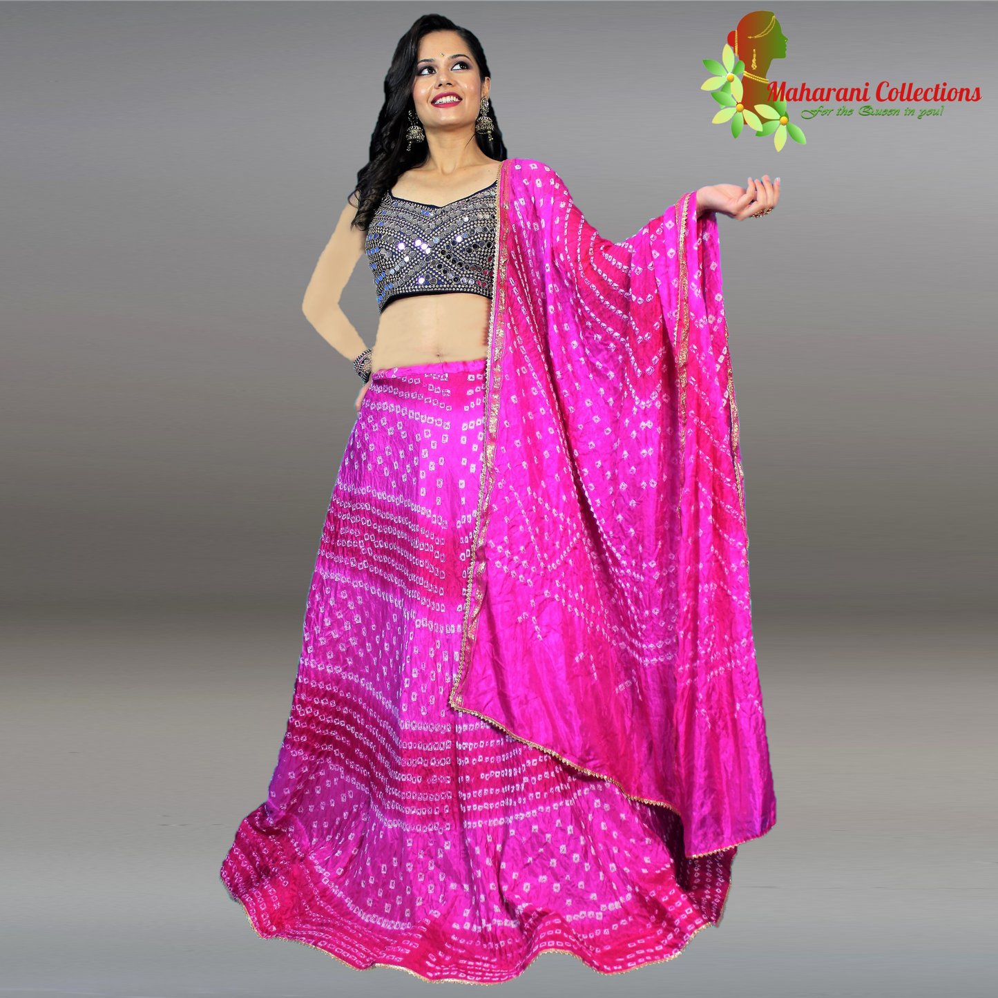 Silk Bandhej Lehenga Choli - Pink with Gotta Patti Work