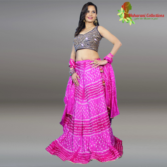 Silk Bandhej Lehenga Choli - Pink with Gotta Patti Work
