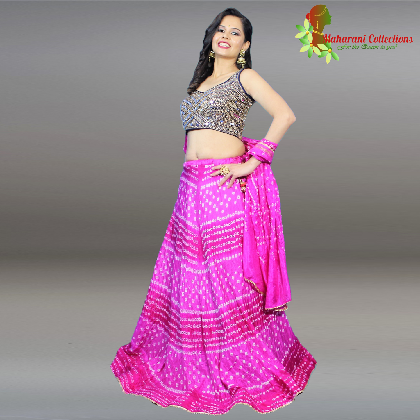 Silk Bandhej Lehenga Choli - Pink with Gotta Patti Work