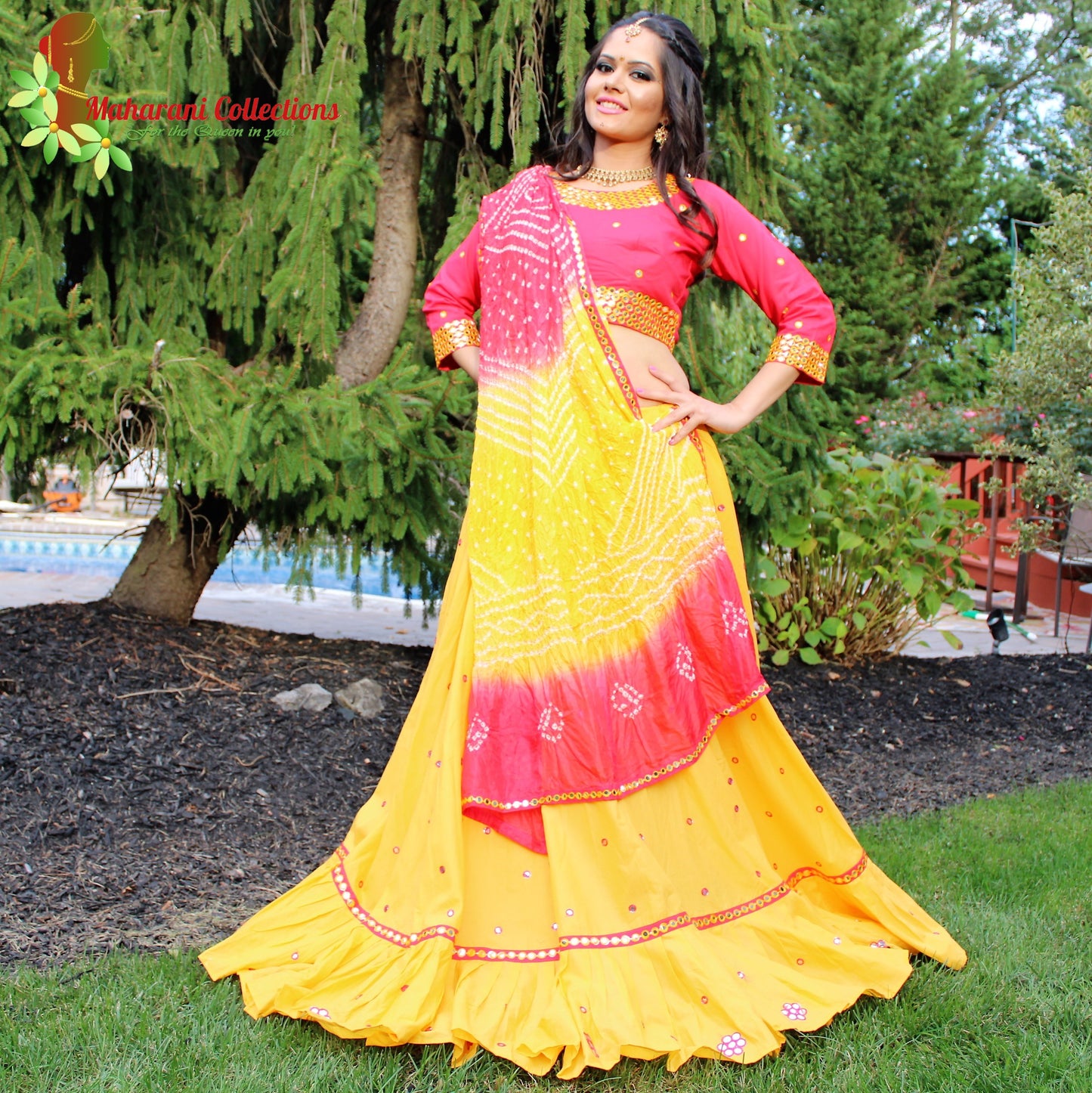 Maharani's Festive Chania Choli with Dupatta - Red/Yellow (L)