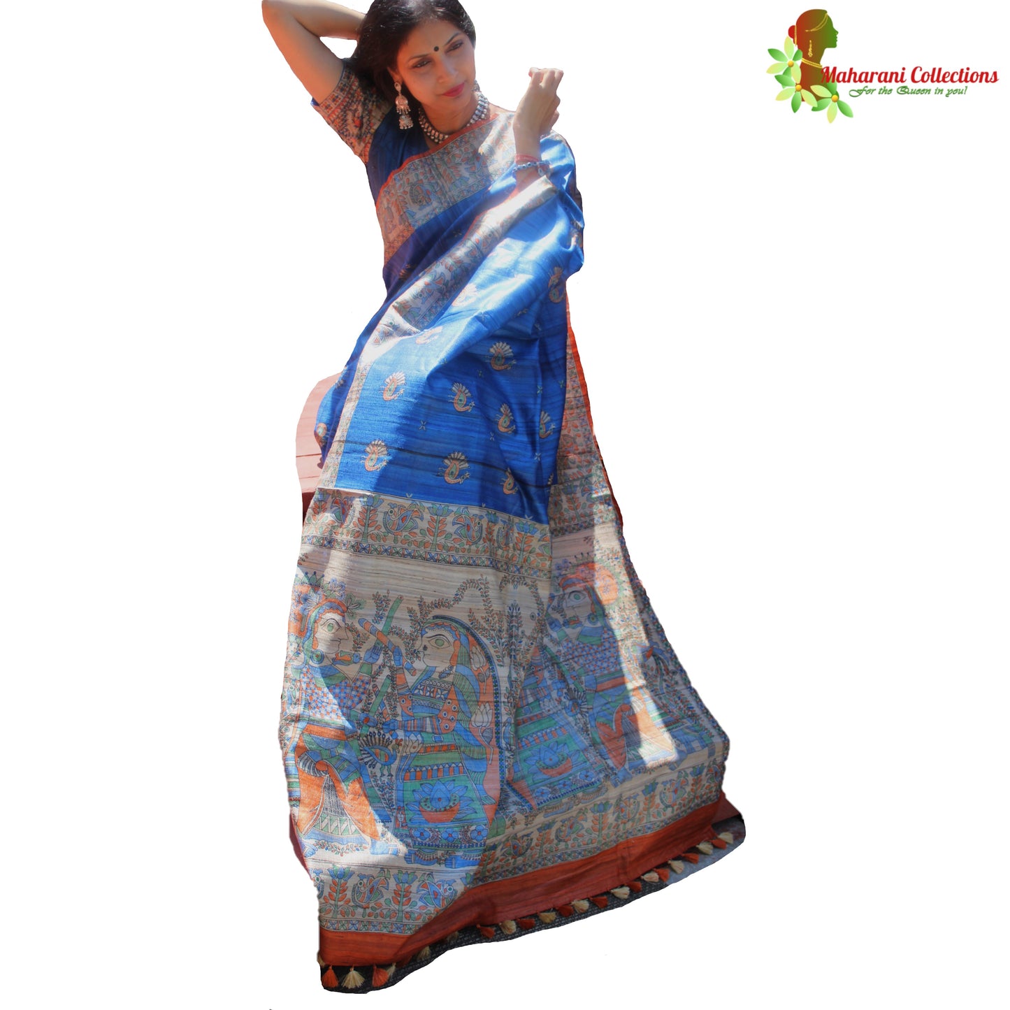Maharani's Pure Tussar Silk Saree (Silk Mark) - Robin Blue with Madhubani Hand Painting