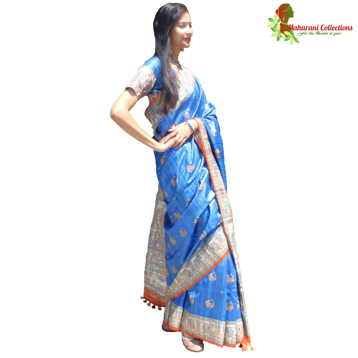 Maharani's Pure Tussar Silk Saree (Silk Mark) - Robin Blue with Madhubani Hand Painting