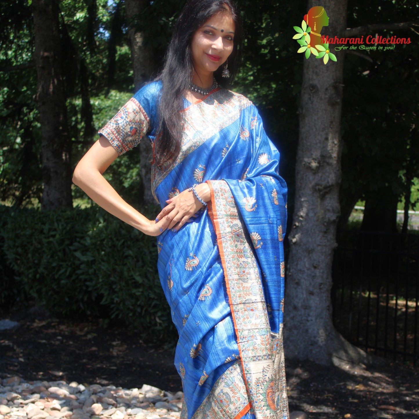 Maharani's Pure Tussar Silk Saree (Silk Mark) - Robin Blue with Madhubani Hand Painting