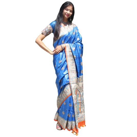 Maharani's Pure Tussar Silk Saree (Silk Mark) - Robin Blue with Madhubani Hand Painting