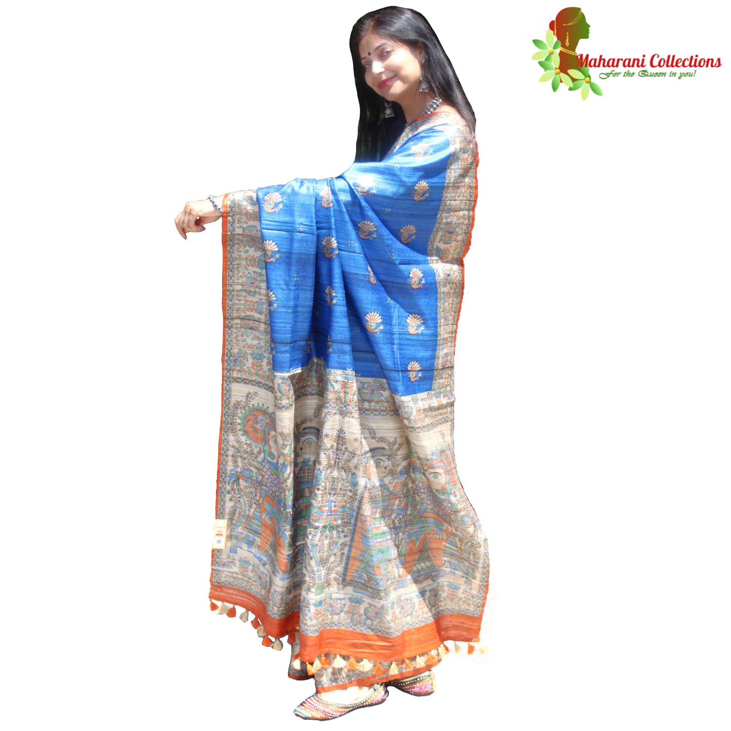 Maharani's Pure Tussar Silk Saree (Silk Mark) - Robin Blue with Madhubani Hand Painting