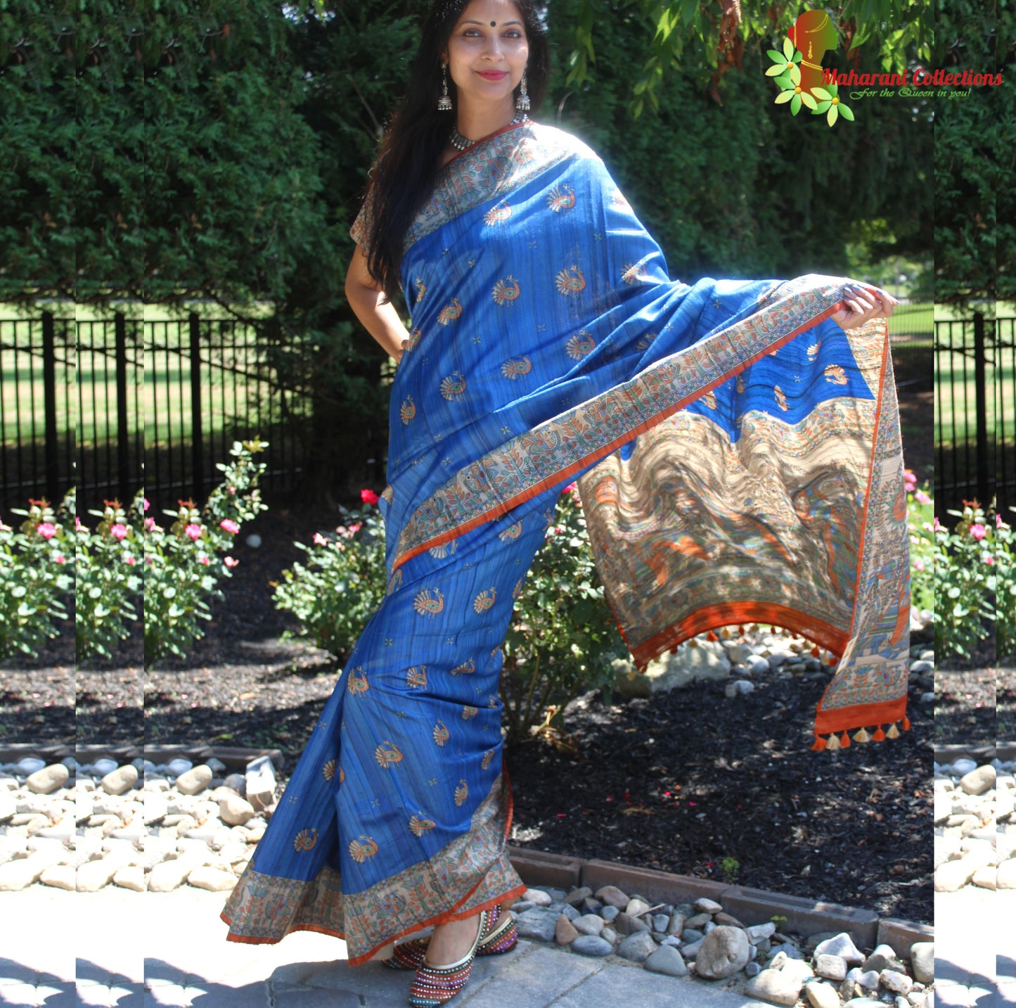 Maharani's Pure Tussar Silk Saree (Silk Mark) - Robin Blue with Madhubani Hand Painting