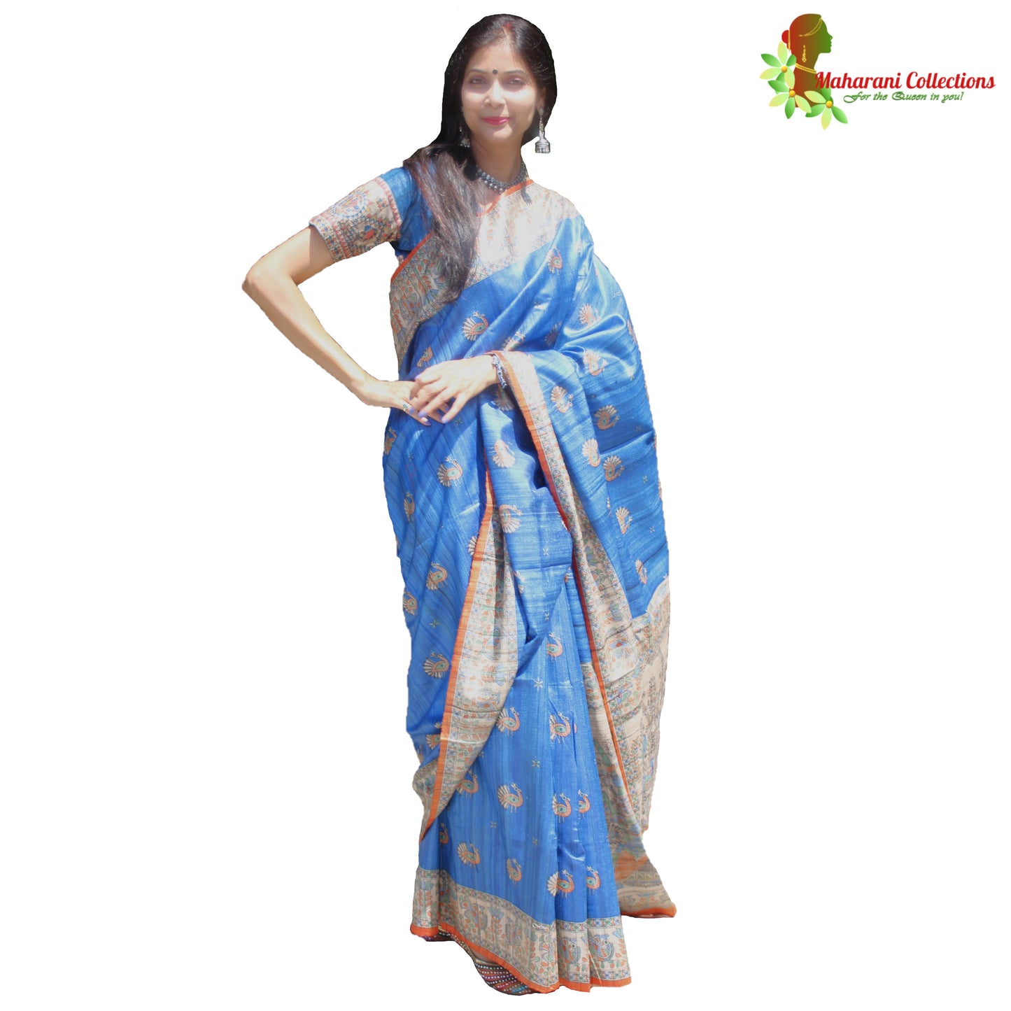 Maharani's Pure Tussar Silk Saree (Silk Mark) - Robin Blue with Madhubani Hand Painting