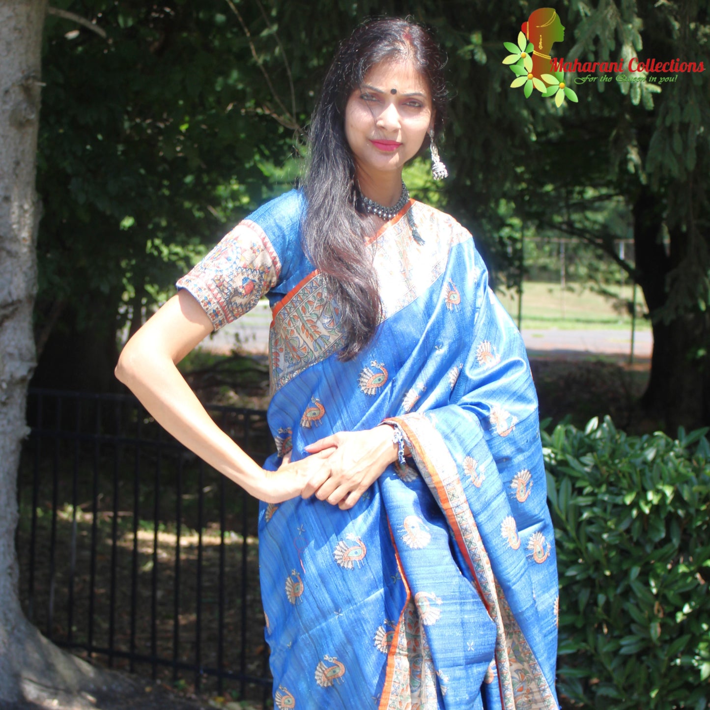 Maharani's Pure Tussar Silk Saree (Silk Mark) - Robin Blue with Madhubani Hand Painting